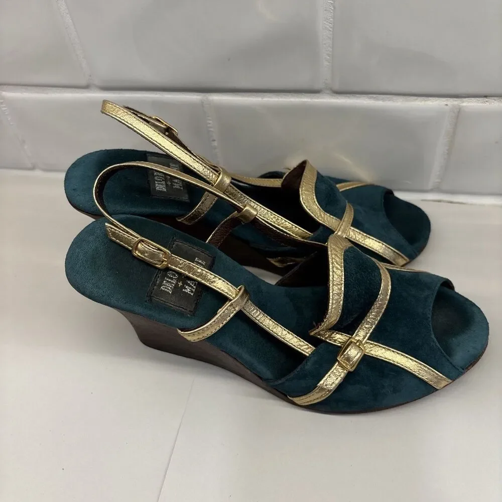 Delores & Maxine Suede Wedge Heel Jade & Gold Women’s‎ Size 6 Leather